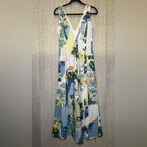 Commense Scalloped V-Neck Picnic Garden Party Patchwork Maxi Dress Size Small